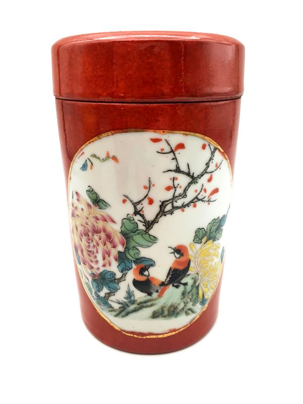 Small Chinese Porcelain Colored Potiche - Red - Birds on a branch 1