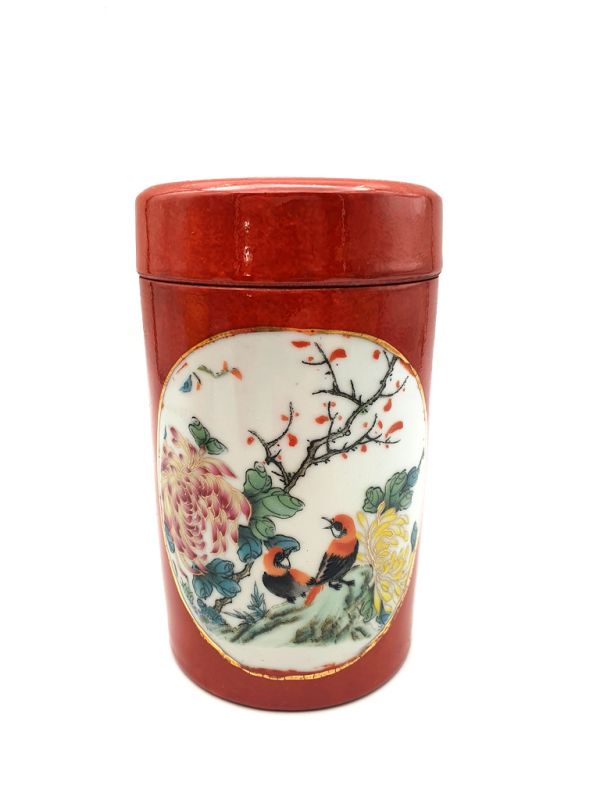 Small Chinese Porcelain Colored Potiche - Red - Birds on a branch 2