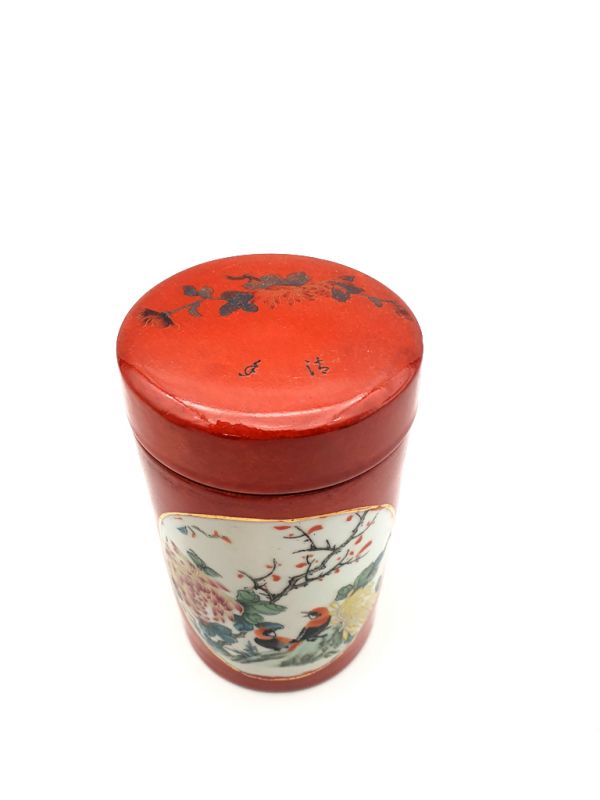 Small Chinese Porcelain Colored Potiche - Red - Birds on a branch 3
