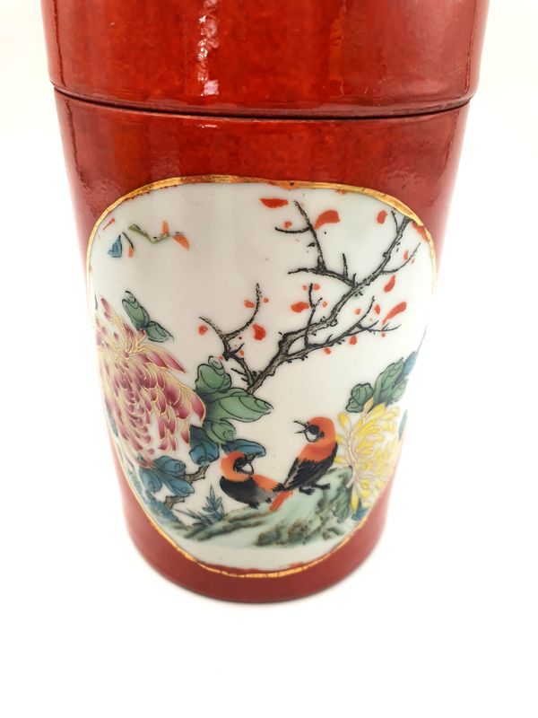 Small Chinese Porcelain Colored Potiche - Red - Birds on a branch 4