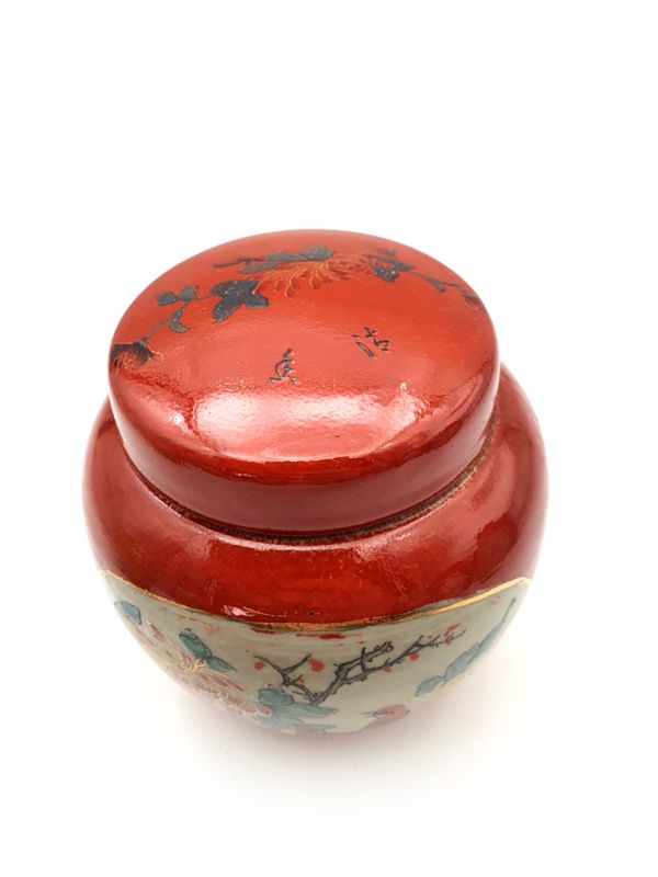 Small Chinese Porcelain Colored Potiche - Red - Two birds on the tree 2