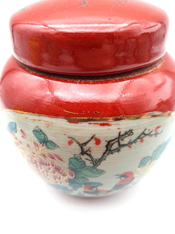 Small Chinese Porcelain Colored Potiche - Red - Two birds on the tree 3