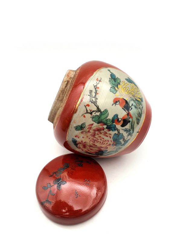Small Chinese Porcelain Colored Potiche - Red - Two birds on the tree 4