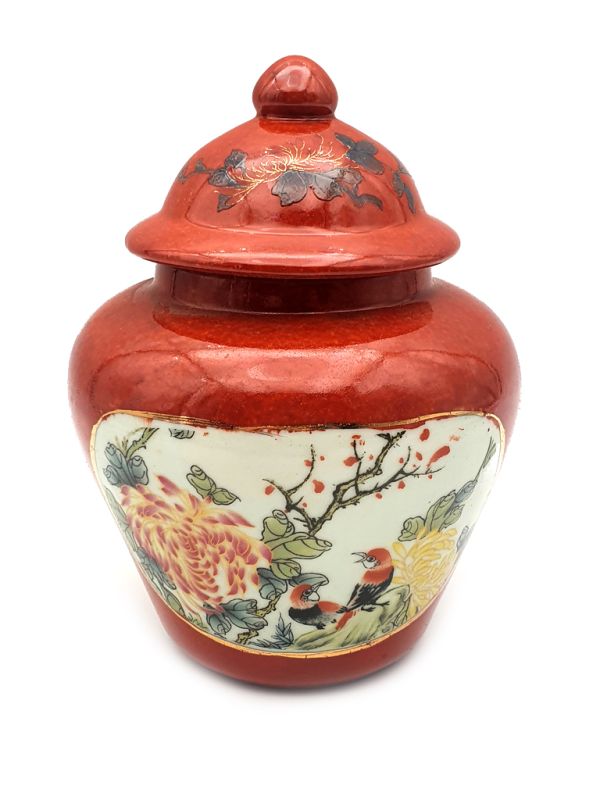 Small Chinese Porcelain Colored Potiche - The two birds on a branch - Peony 1