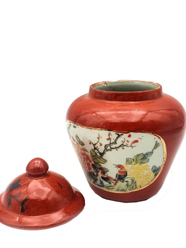 Small Chinese Porcelain Colored Potiche - The two birds on a branch - Peony 3