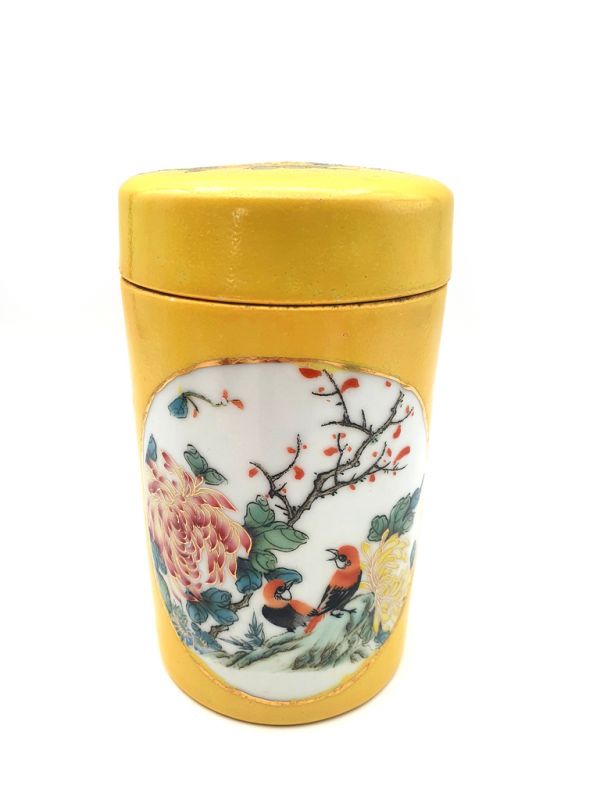 Small Chinese Porcelain Colored Potiche - Yellow - Birds on a branch 1
