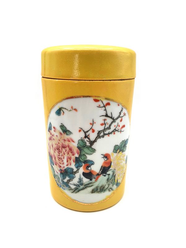 Small Chinese Porcelain Colored Potiche - Yellow - Birds on a branch 2