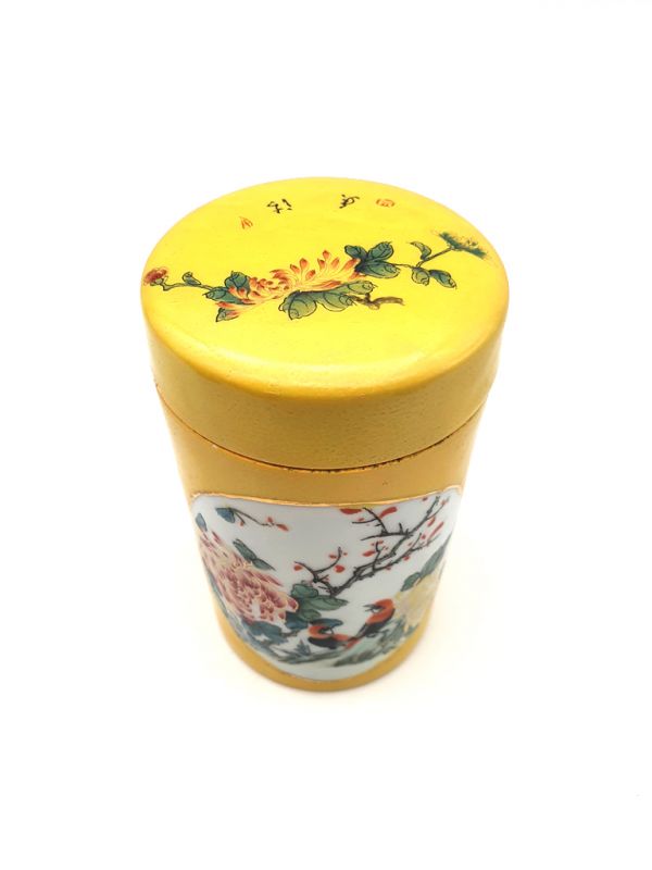 Small Chinese Porcelain Colored Potiche - Yellow - Birds on a branch 3