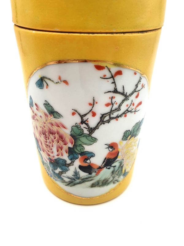 Small Chinese Porcelain Colored Potiche - Yellow - Birds on a branch 4