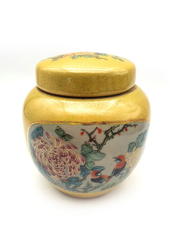 Small Chinese Porcelain Colored Potiche - Yellow - Two birds on the tree 1