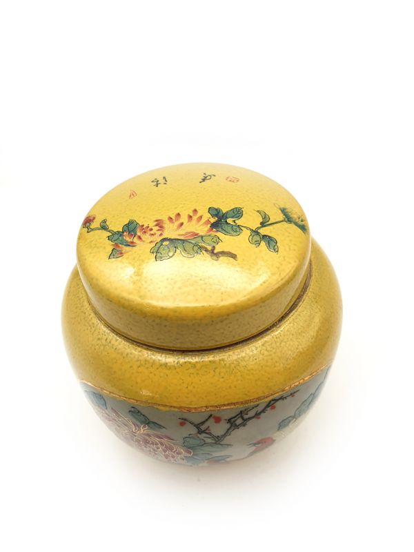 Small Chinese Porcelain Colored Potiche - Yellow - Two birds on the tree 2