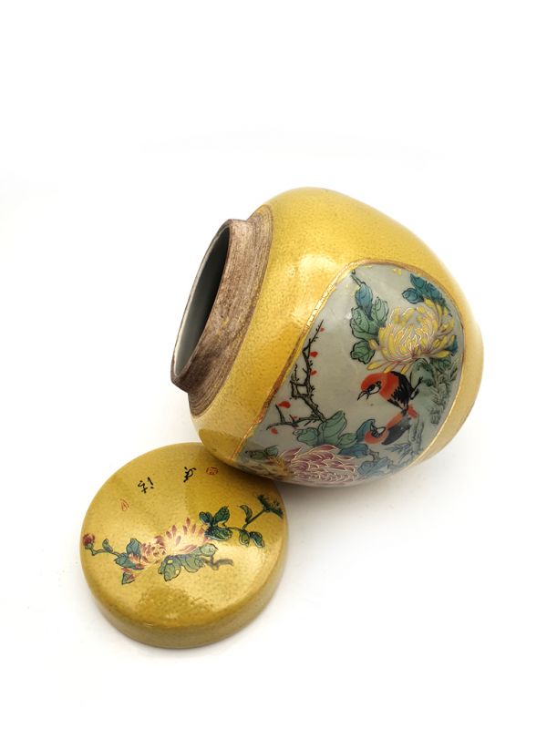 Small Chinese Porcelain Colored Potiche - Yellow - Two birds on the tree 4