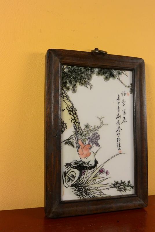 Small Chinese Wood and Porcelain Panel Bird 3 3