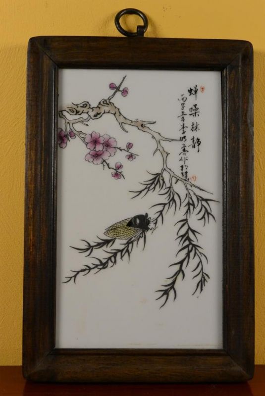 Small Chinese Wood and Porcelain Panel Insect 1 1