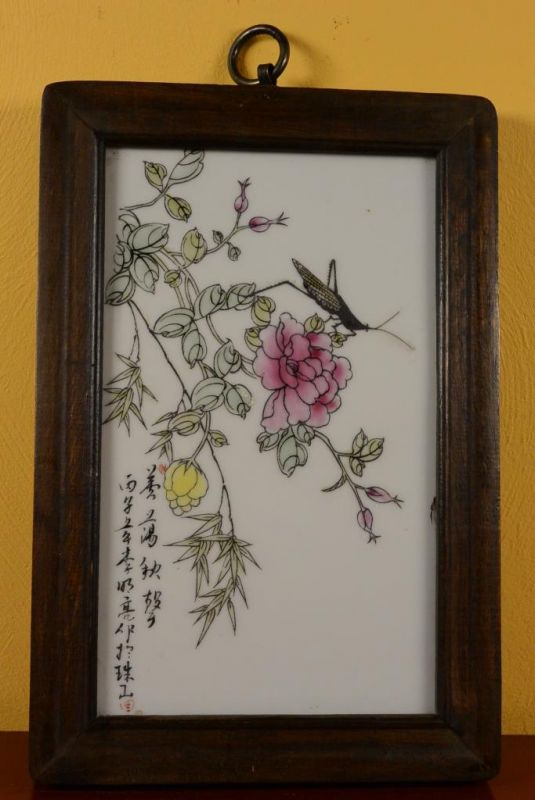 Small Chinese Wood and Porcelain Panel Insect 3 1