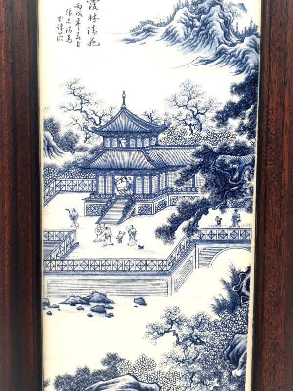 Small Chinese Wood and Porcelain Panel The Chinese temple 2