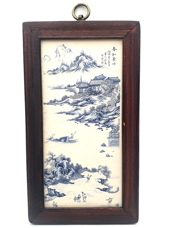 Small Chinese Wood and Porcelain Panel The temple by the lake 1