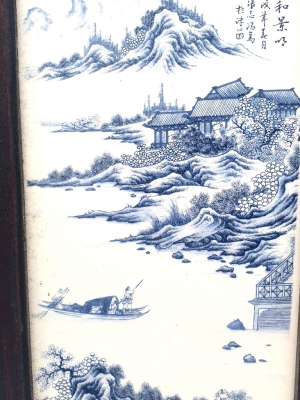Small Chinese Wood and Porcelain Panel The temple by the lake 2