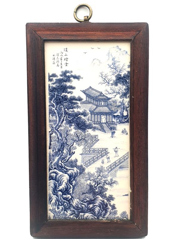 Small Chinese Wood and Porcelain Panel The temple on the river 1