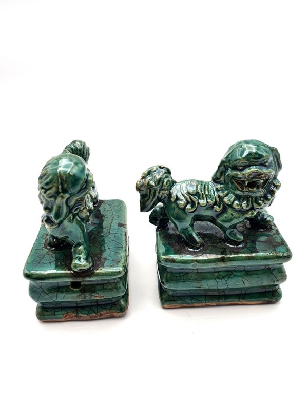 Small Fu Dog pair in porcelain - Green 4
