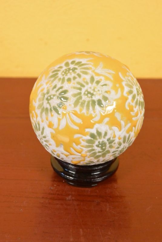 Small Porcelain Chinese Ball with Stand Yellow 3