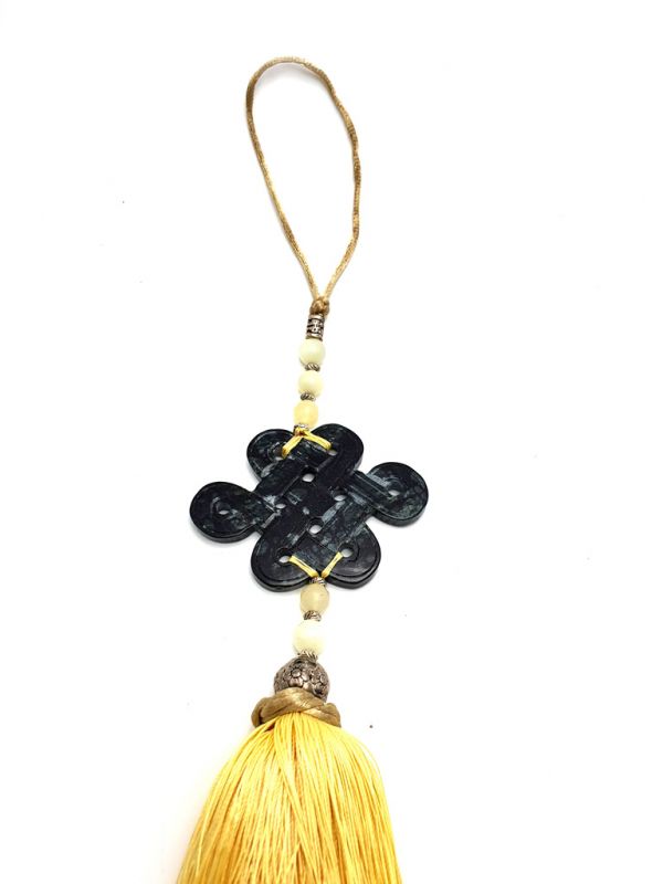 Small Suspended Bi Disk Silk and Jade Endless knot - Black and Gold 2