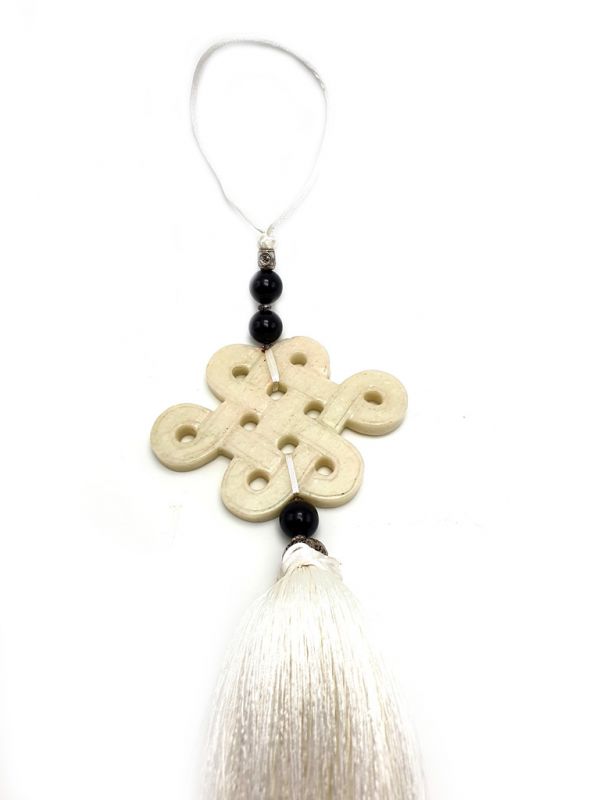 Small Suspended Bi Disk Silk and Jade Endless knot - White 2