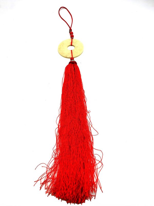 Small Suspended Bi Disk Silk and Jade White Red 1