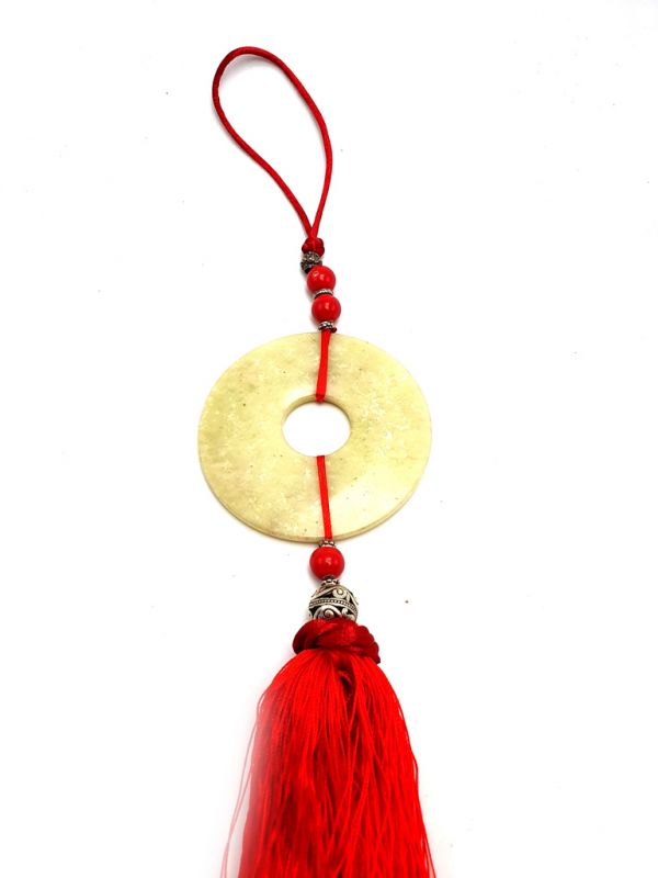 Small Suspended Bi Disk Silk and Jade White Red 2