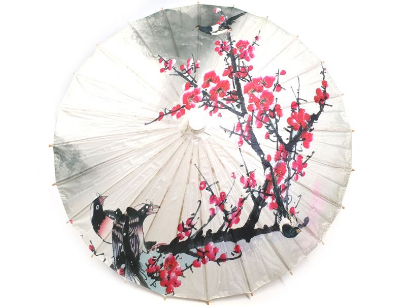 Sombrilla China - Madera y Papel - Pájaros en la cereza 1