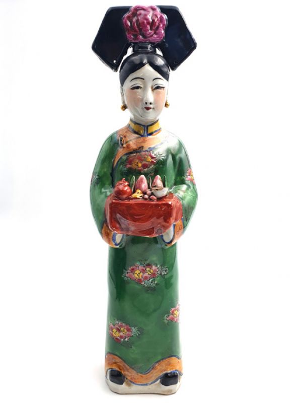 Standing Chinese Empress polychrome statue - Green - Fruit basket 1