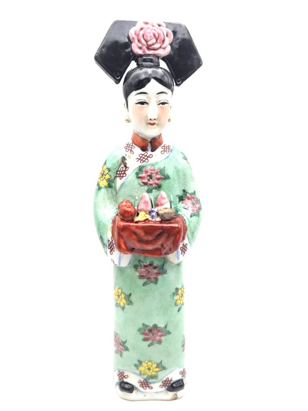 Standing Chinese Empress polychrome statue - Green - Fruit basket 1