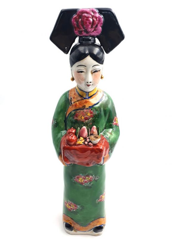 Standing Chinese Empress polychrome statue - Green - Fruit basket 2