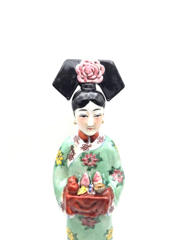 Standing Chinese Empress polychrome statue - Green - Fruit basket 2