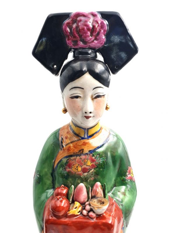 Standing Chinese Empress polychrome statue - Green - Fruit basket 3