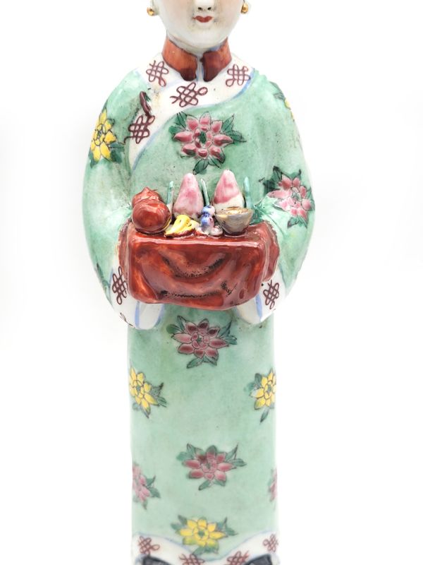 Standing Chinese Empress polychrome statue - Green - Fruit basket 3