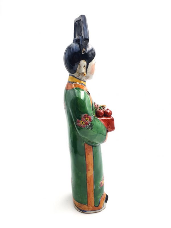 Standing Chinese Empress polychrome statue - Green - Fruit basket 4