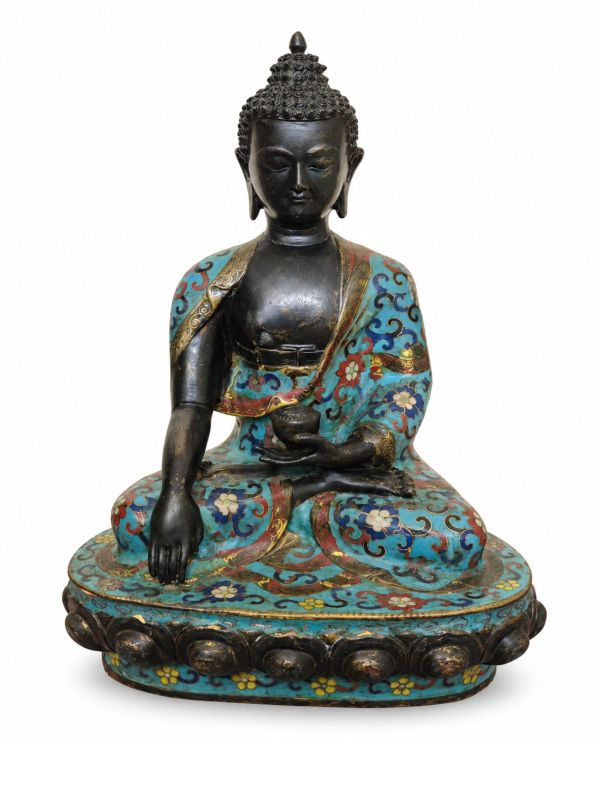 Statue Bouddha Assis en Bronze et Émaux Cloisonnés - Style Ancien
