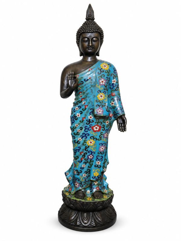 Statue Bouddha Debout en Bronze et Émaux Cloisonnés - Style Ancien