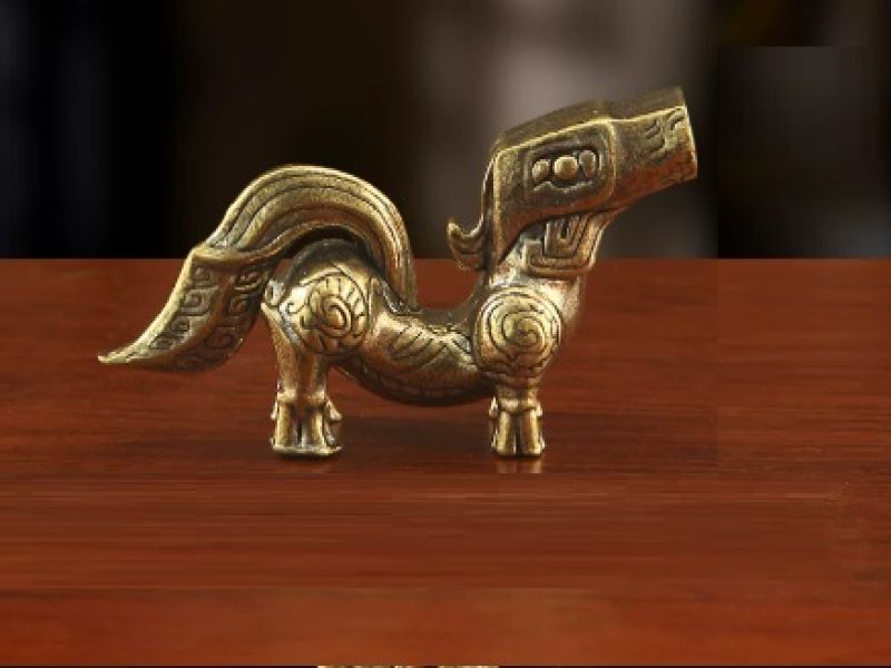 Statue Créature mythologique SanXingDui finition bronze & laiton – Sculpture chinoise 5,8 cm
