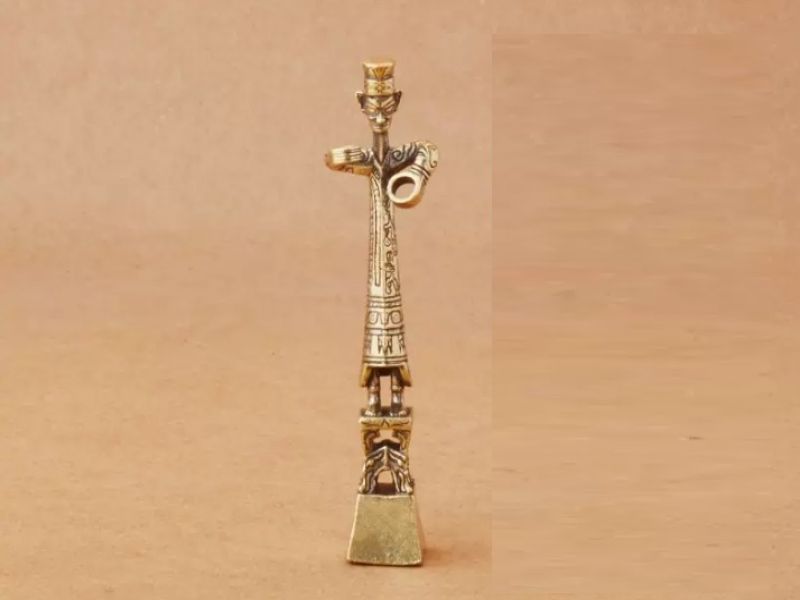 Statue SanXingDui Homme debout finition bronze & laiton – Sculpture chinoise 7,2 cm