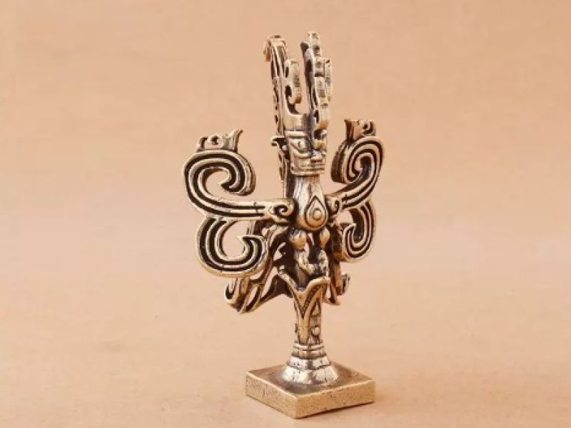 Statue SanXingDui Homme-Oiseau finition bronze & laiton – Sculpture chinoise 6,7 cm