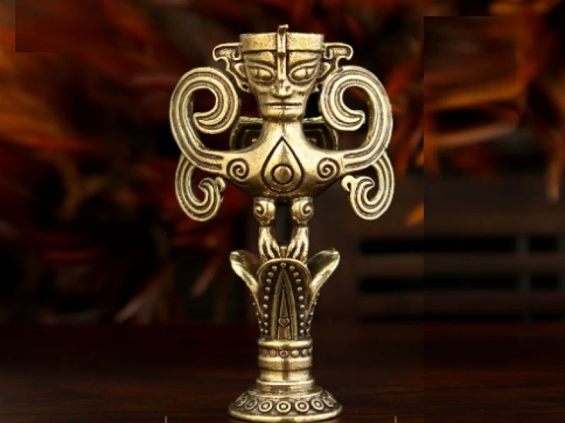 Statue SanXingDui Homme-Oiseau finition bronze & laiton – Sculpture chinoise 8 cm