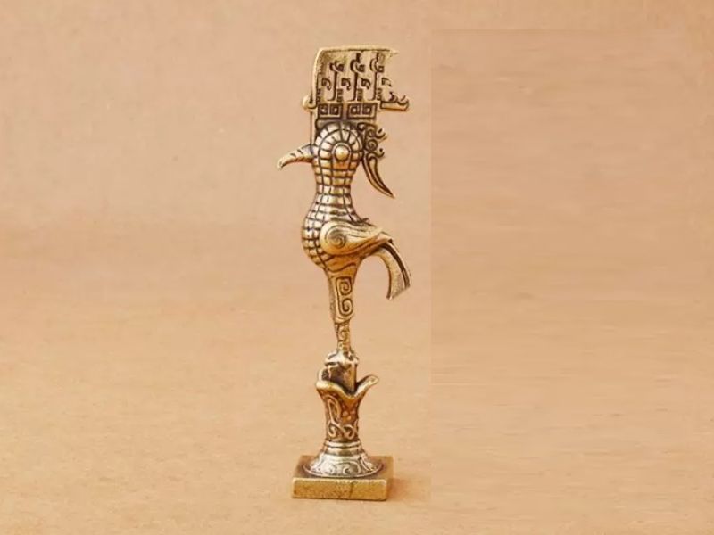 Statue SanXingDui Oiseau divin finition bronze & laiton – Sculpture chinoise 7,4 cm