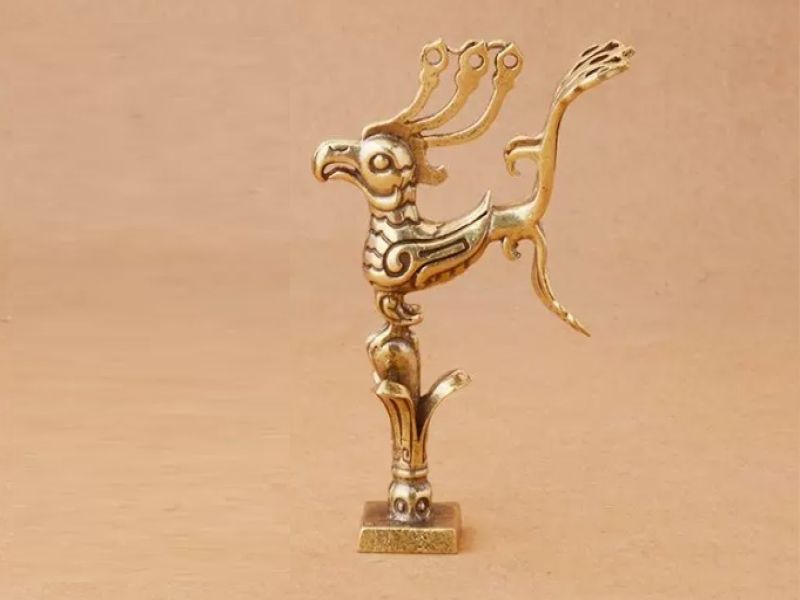 Statue SanXingDui Oiseau solaire finition bronze & laiton – Sculpture chinoise 7 cm