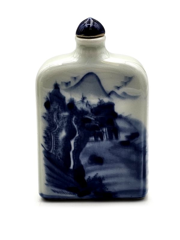 Tabaquera China de Porcelana - arte chino - Blanco y Azul - Paisaje 2 1