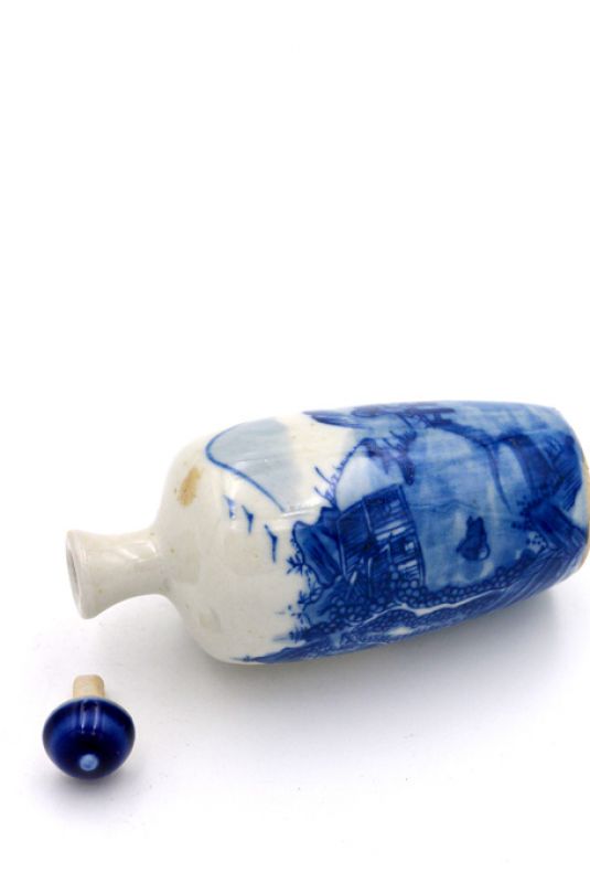 Tabaquera China de Porcelana - arte chino - Blanco y Azul - Paisaje 4 5
