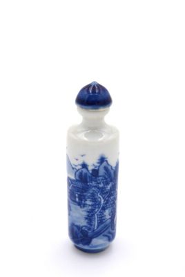 Tabaquera China de Porcelana - arte chino - Blanco y Azul - Paisaje 7
