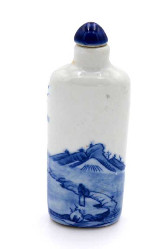 Tabatière Chinoise en Porcelaine - Peinture à la main - Blanc et Bleu - Paysage 3 2