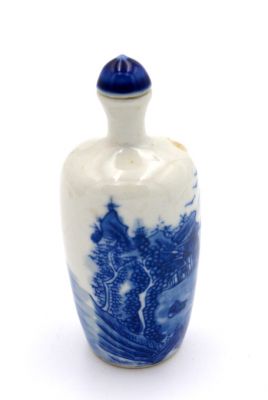 Tabatière Chinoise en Porcelaine - Peinture à la main - Blanc et Bleu - Paysage 4